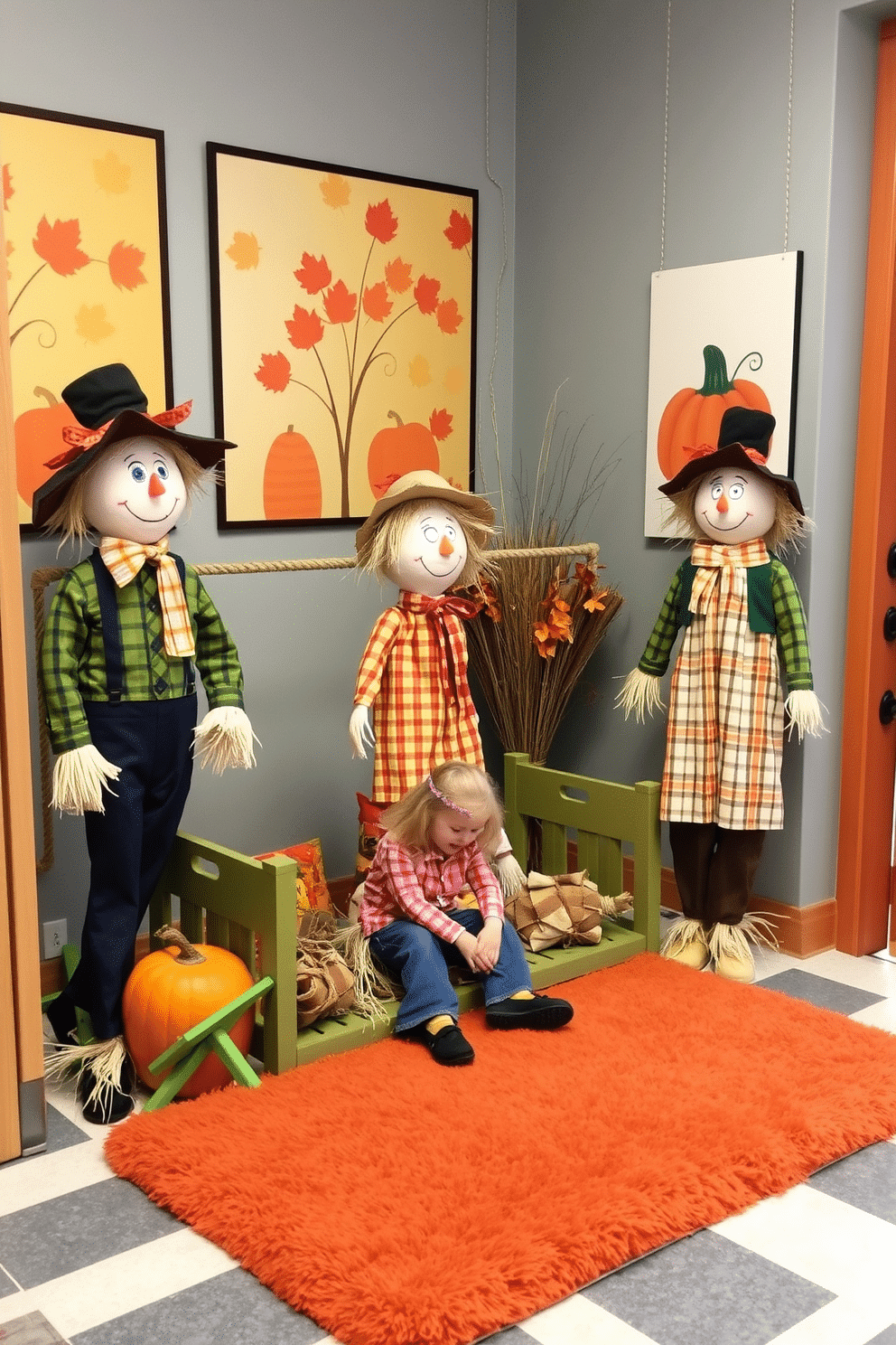 Scarecrow figures are arranged around the play area, adding a whimsical touch to the space. The playful decor features bright colors and fun patterns, creating an inviting atmosphere for children. The walls are adorned with cheerful artwork showcasing autumn leaves and pumpkins. Soft, plush rugs in warm tones provide a cozy place for kids to sit and play.