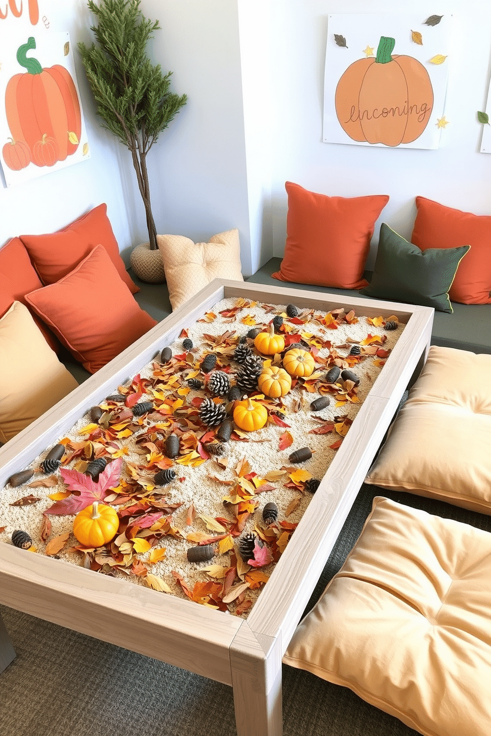 A playful and interactive sensory table designed for a fall-themed playroom. The table is filled with colorful leaves, pinecones, and small pumpkins, inviting children to explore textures and colors. Surrounding the table, soft cushions in warm autumn hues provide comfortable seating. The walls are adorned with cheerful fall-themed artwork, creating a cozy and inviting atmosphere for creative play.