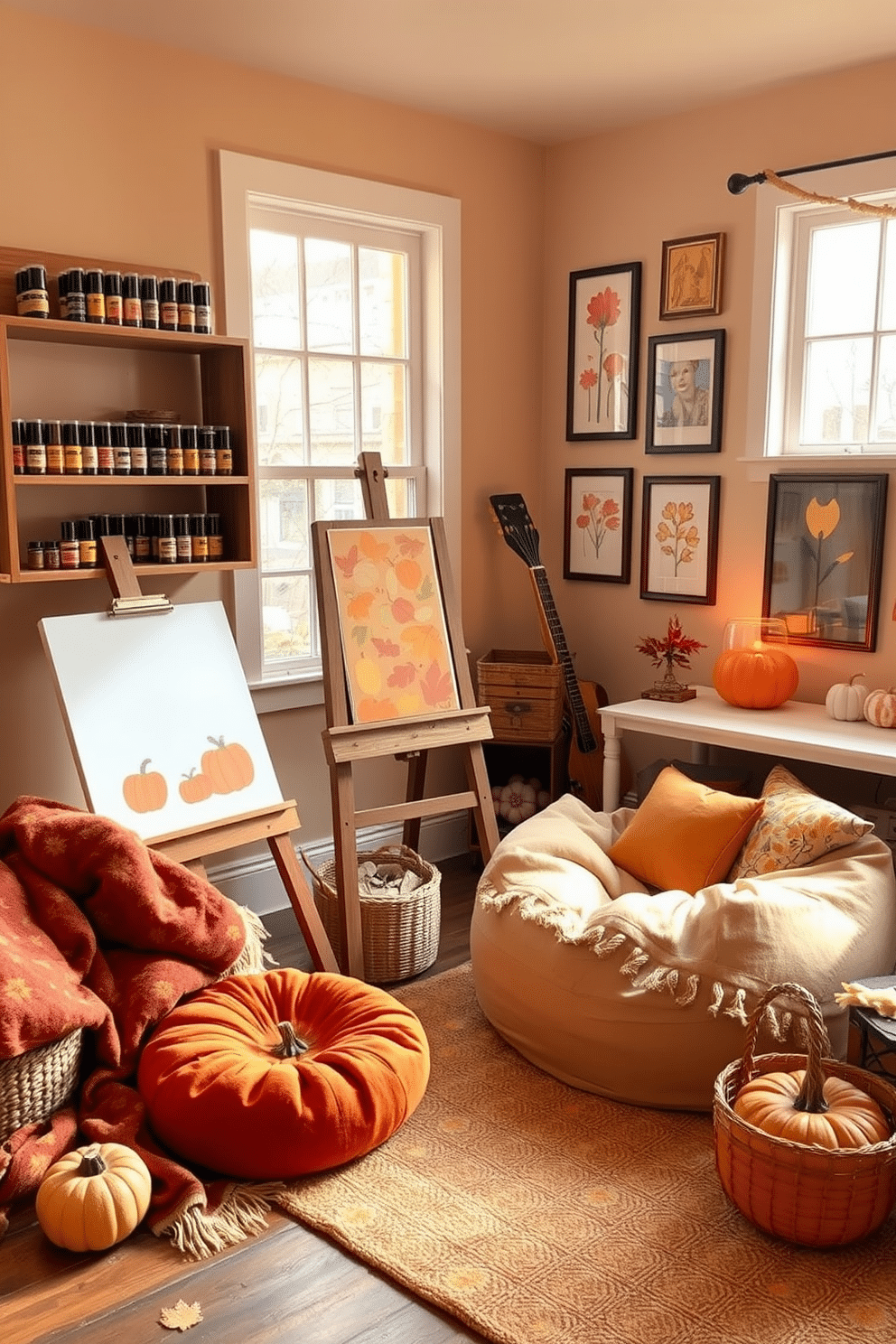 A cozy art corner designed for painting autumn scenes. The space features a rustic wooden easel positioned near a large window that lets in warm natural light. Surrounding the easel are shelves filled with vibrant paints and brushes. A plush, oversized bean bag chair in earthy tones provides a comfortable spot for relaxation and creativity. The walls are adorned with framed autumn-themed artwork, creating an inspiring atmosphere. Soft, warm lighting illuminates the area, enhancing the inviting ambiance. For a fall playroom, incorporate a playful color palette of oranges, browns, and yellows. Cozy blankets and cushions in leaf patterns are scattered around for comfort and style. A small table is set up for crafting, with art supplies neatly organized in baskets. Seasonal decorations, like pumpkins and acorns, are tastefully arranged to celebrate the autumn theme.