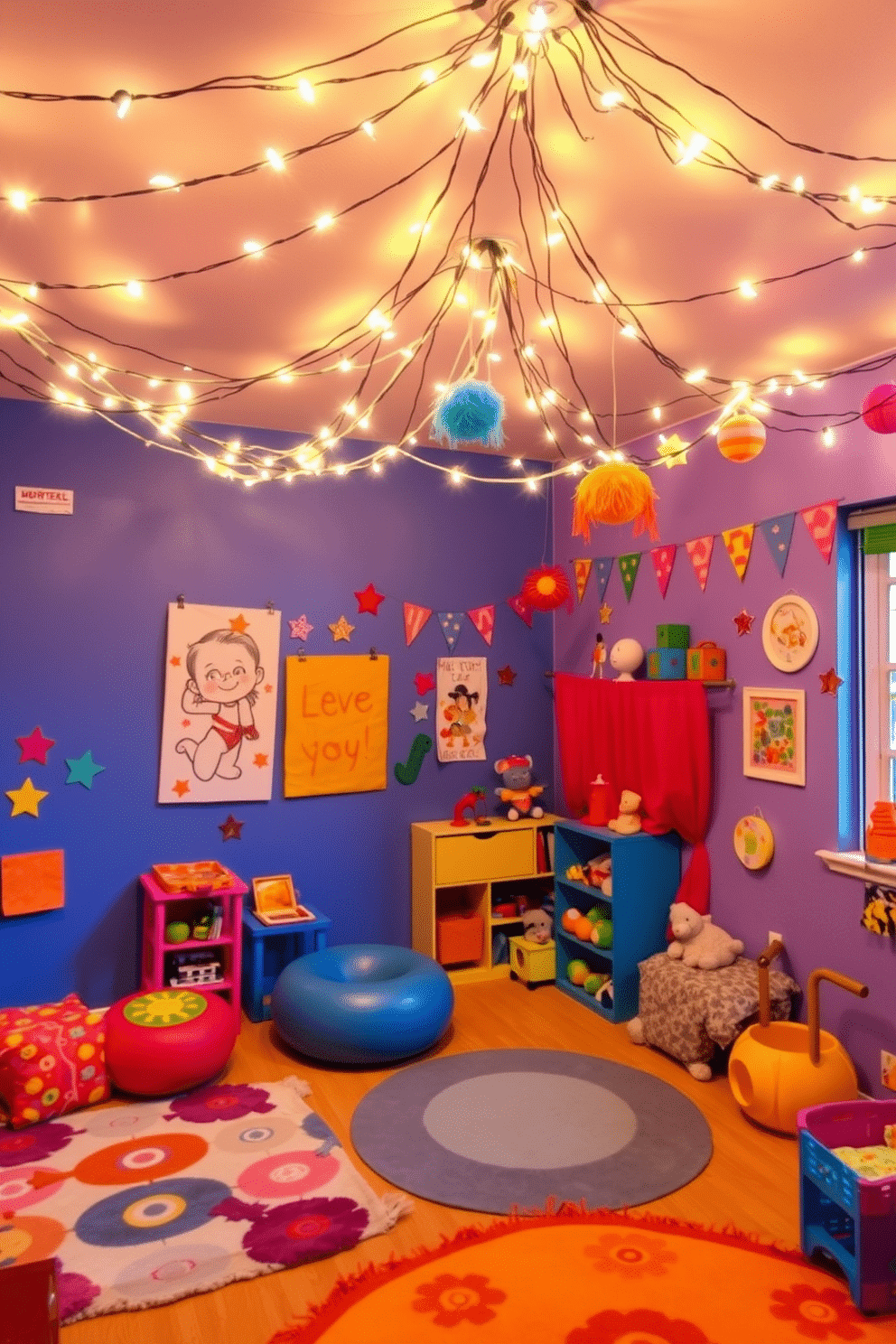 A cozy playroom filled with vibrant colors and playful decorations. String lights are draped across the ceiling, casting a warm glow that enhances the inviting atmosphere. The walls are adorned with cheerful artwork and playful patterns, creating an engaging environment for children. Soft rugs and comfortable seating areas encourage relaxation and imaginative play.