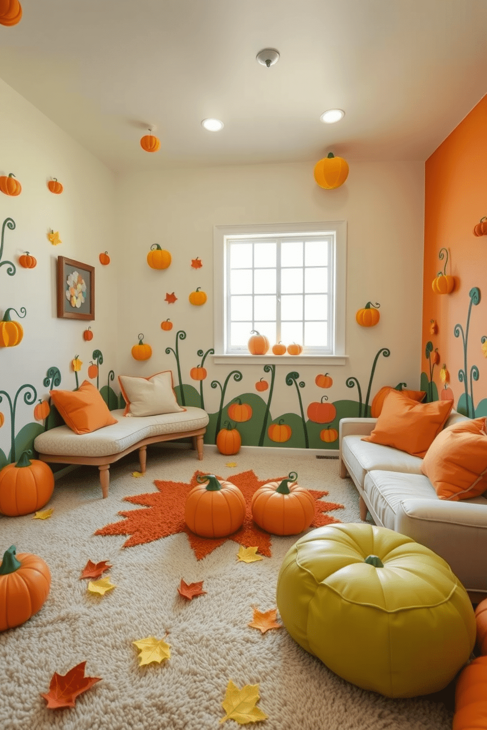 A whimsical playroom designed like a pumpkin patch. The walls are adorned with vibrant orange and yellow accents, and playful pumpkin decorations are scattered throughout the space. Cozy seating areas feature plush cushions in autumn colors, inviting children to relax and play. A soft, textured rug resembling fallen leaves adds warmth to the floor, creating a festive atmosphere.