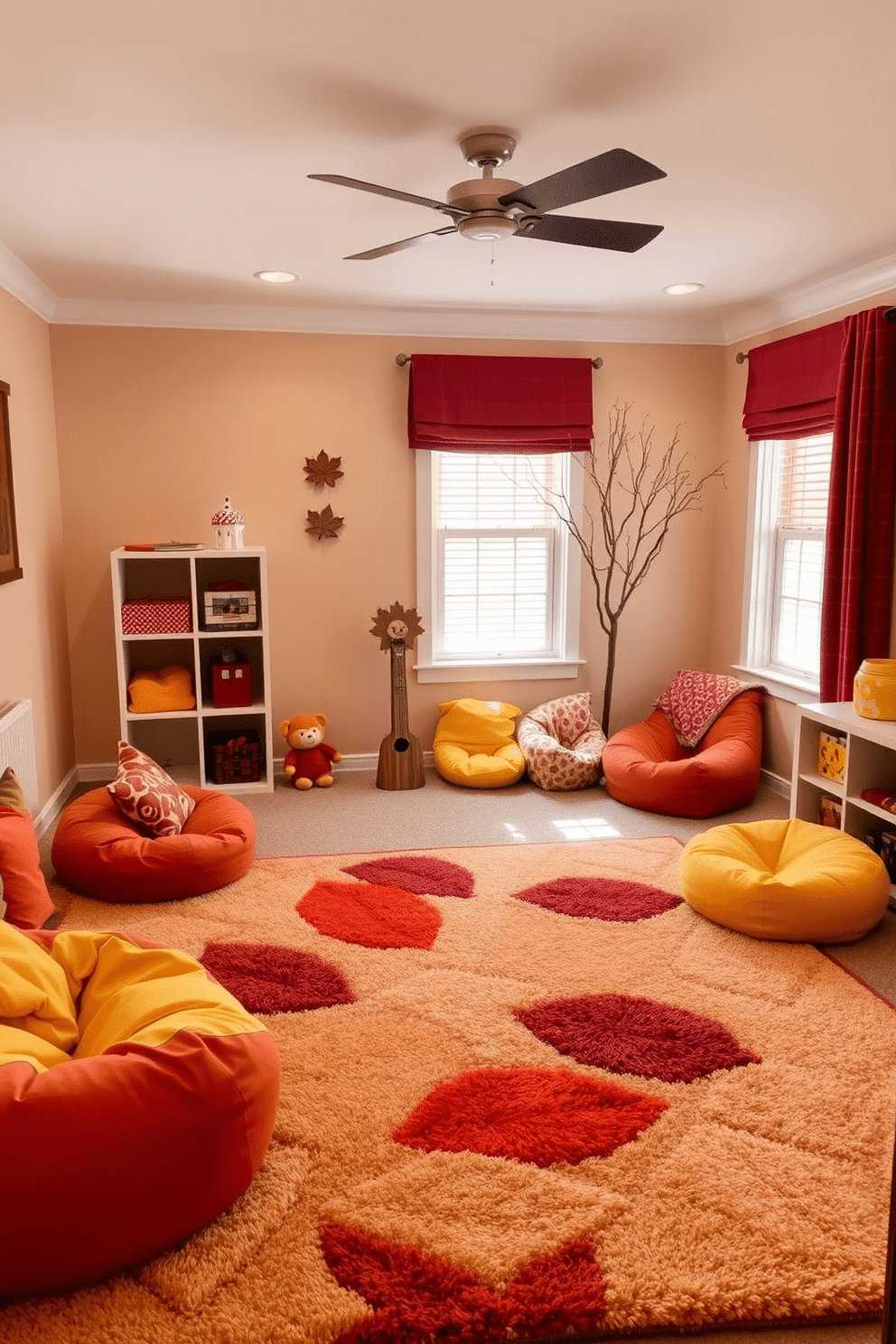 A cozy playroom filled with warm autumn colors. The walls are painted in soft beige, and accents of burnt orange and deep red are used in the decor. A large, plush area rug in a leaf pattern covers the floor, providing a comfortable space for play. Colorful cushions and bean bags in shades of yellow and brown are scattered around, inviting children to sit and enjoy their activities.