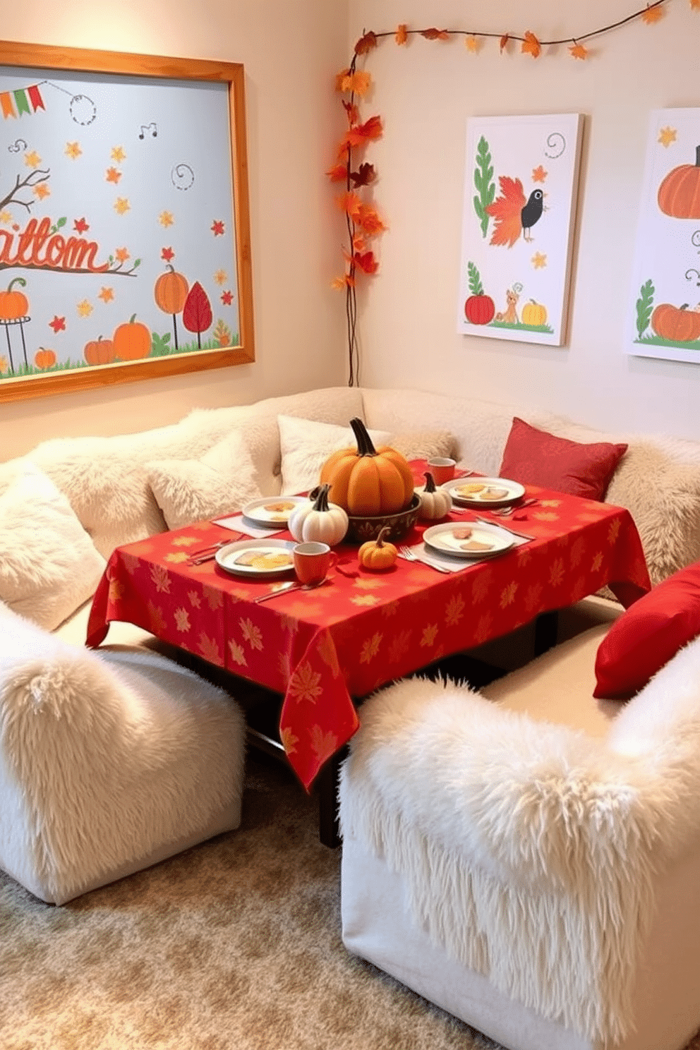 A cozy playroom setting designed for fall with a seasonal table decorated for crafts and snacks. The table is adorned with a vibrant autumn tablecloth, surrounded by small pumpkins and colorful leaves, creating a warm and inviting atmosphere. On the walls, playful artwork featuring fall themes complements the decor, while plush seating invites children to engage in creative activities. Soft lighting enhances the cozy feel, making it an ideal space for family gatherings and fun autumn crafts.