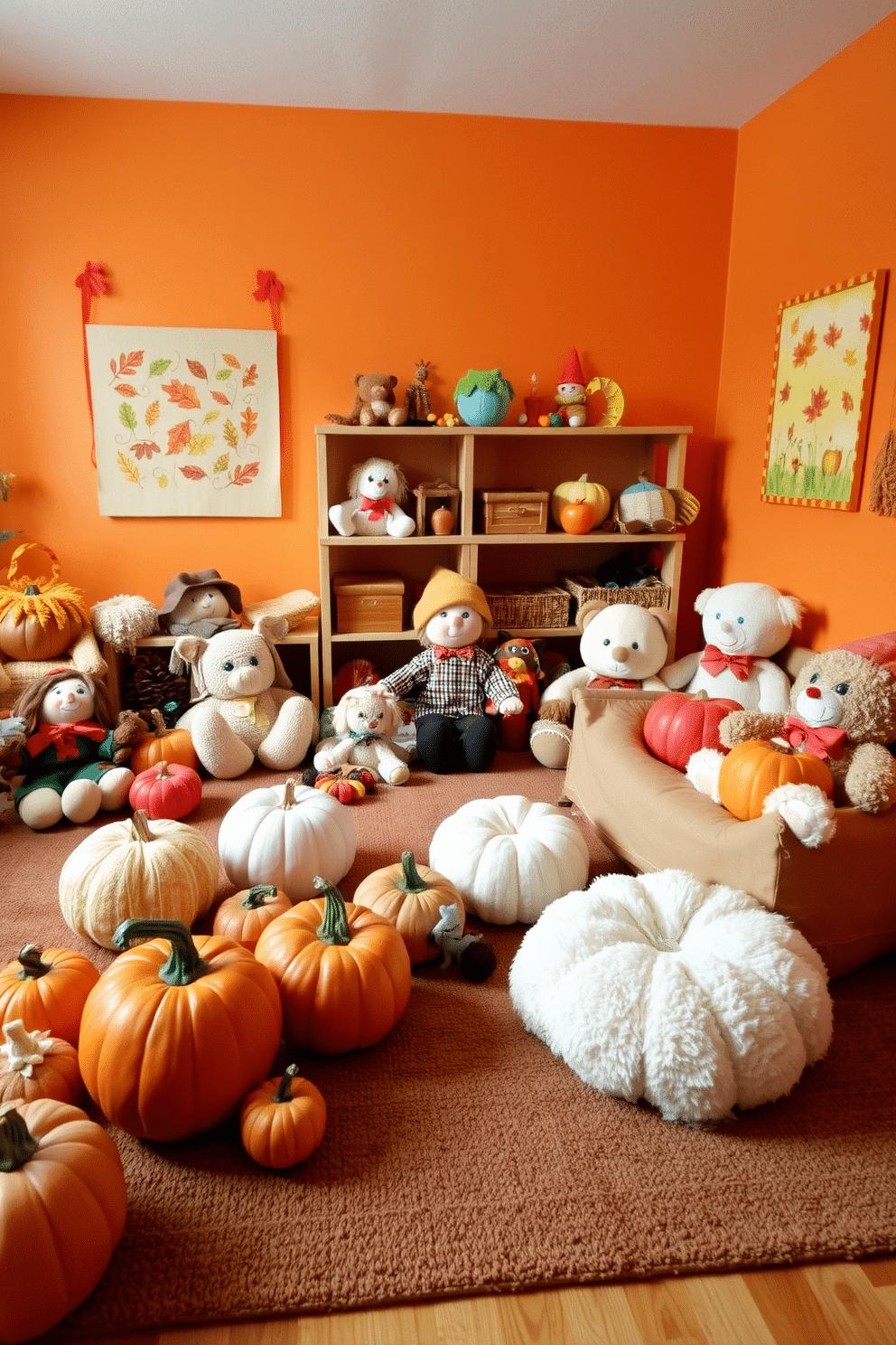 A cozy playroom filled with autumn-themed stuffed animals and toys. Soft plush pumpkins and friendly scarecrows are scattered around a warm, inviting space decorated with rich orange and yellow accents. The walls are adorned with playful fall-themed artwork featuring leaves and harvest scenes. A large, comfortable area rug in earthy tones provides a perfect spot for children to sit and play with their favorite toys.