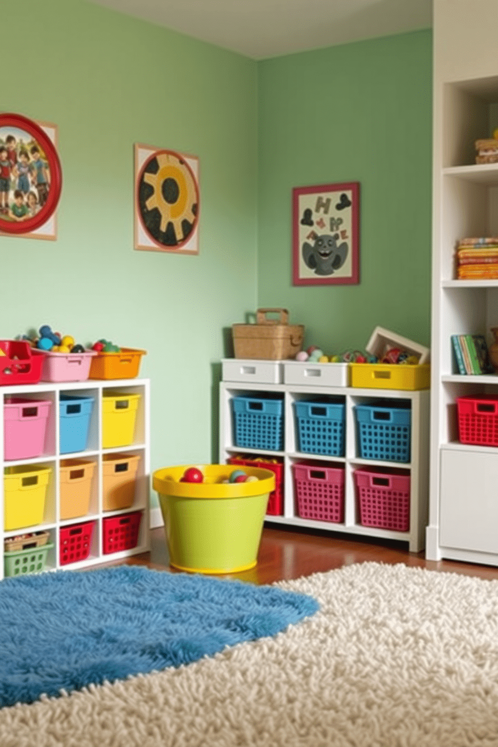 A vibrant playroom filled with colorful baskets for toy organization. The walls are painted in a cheerful pastel hue, and plush rugs cover the floor, creating a cozy atmosphere.