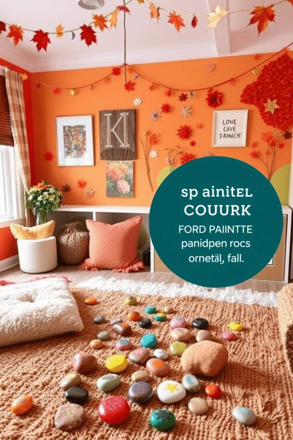 A vibrant fall playroom filled with DIY painted rocks for outdoor play. The walls are adorned with warm autumn colors, and cozy seating areas invite children to explore their creativity. Colorful painted rocks are scattered throughout the playroom, serving as both decor and playful elements for outdoor activities. Soft rugs in earthy tones provide a comfortable space for kids to sit and engage in imaginative games.