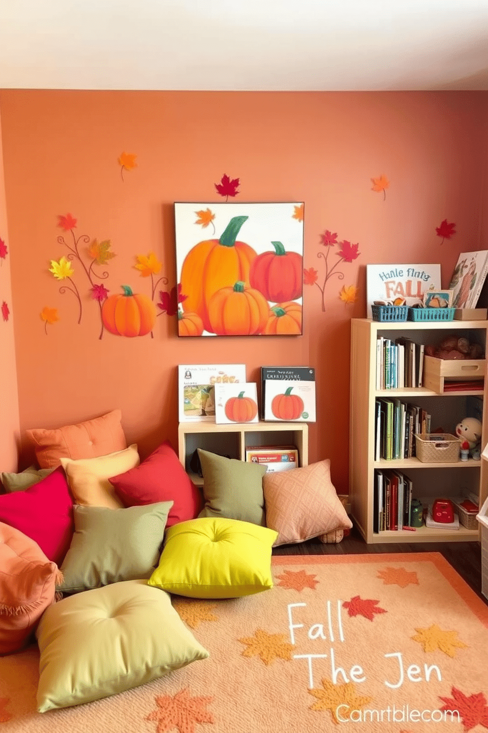 A cozy playroom adorned with fall-themed wall art featuring vibrant leaves and pumpkins. The walls are painted in warm earth tones, creating a welcoming atmosphere for children to enjoy seasonal activities. A playful arrangement of colorful cushions and a soft rug in autumn hues invites comfort and creativity. Shelves display children's books and fall-themed toys, adding to the festive decor while maintaining a fun, interactive space.