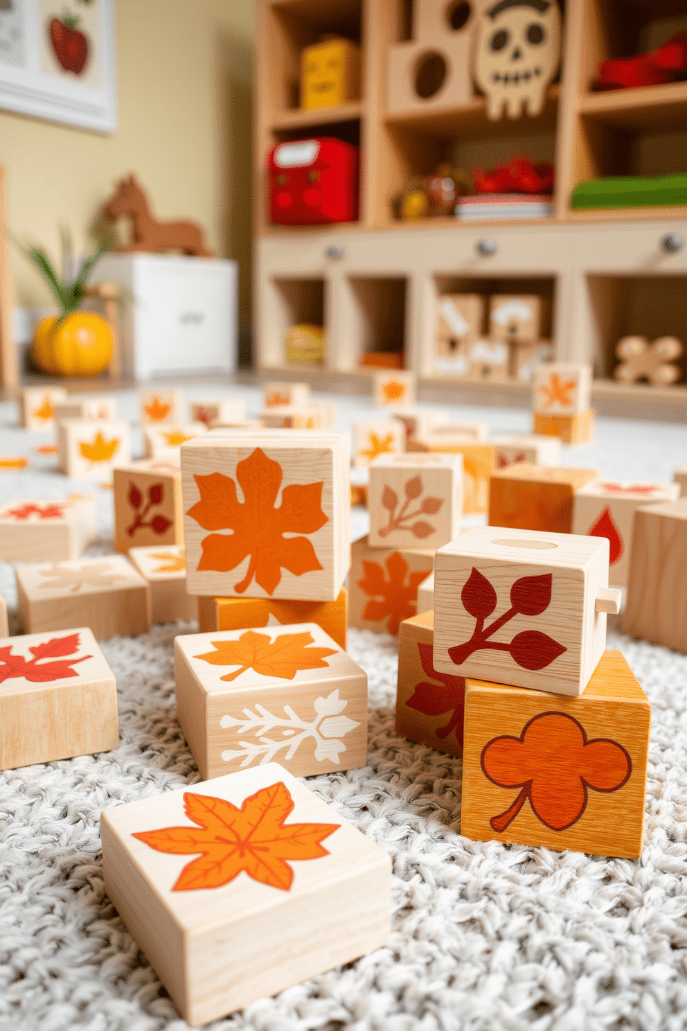 Wooden blocks featuring intricate autumn designs are scattered across a cozy playroom. The warm hues of orange, red, and yellow create a cheerful atmosphere, inviting children to engage in creative play.