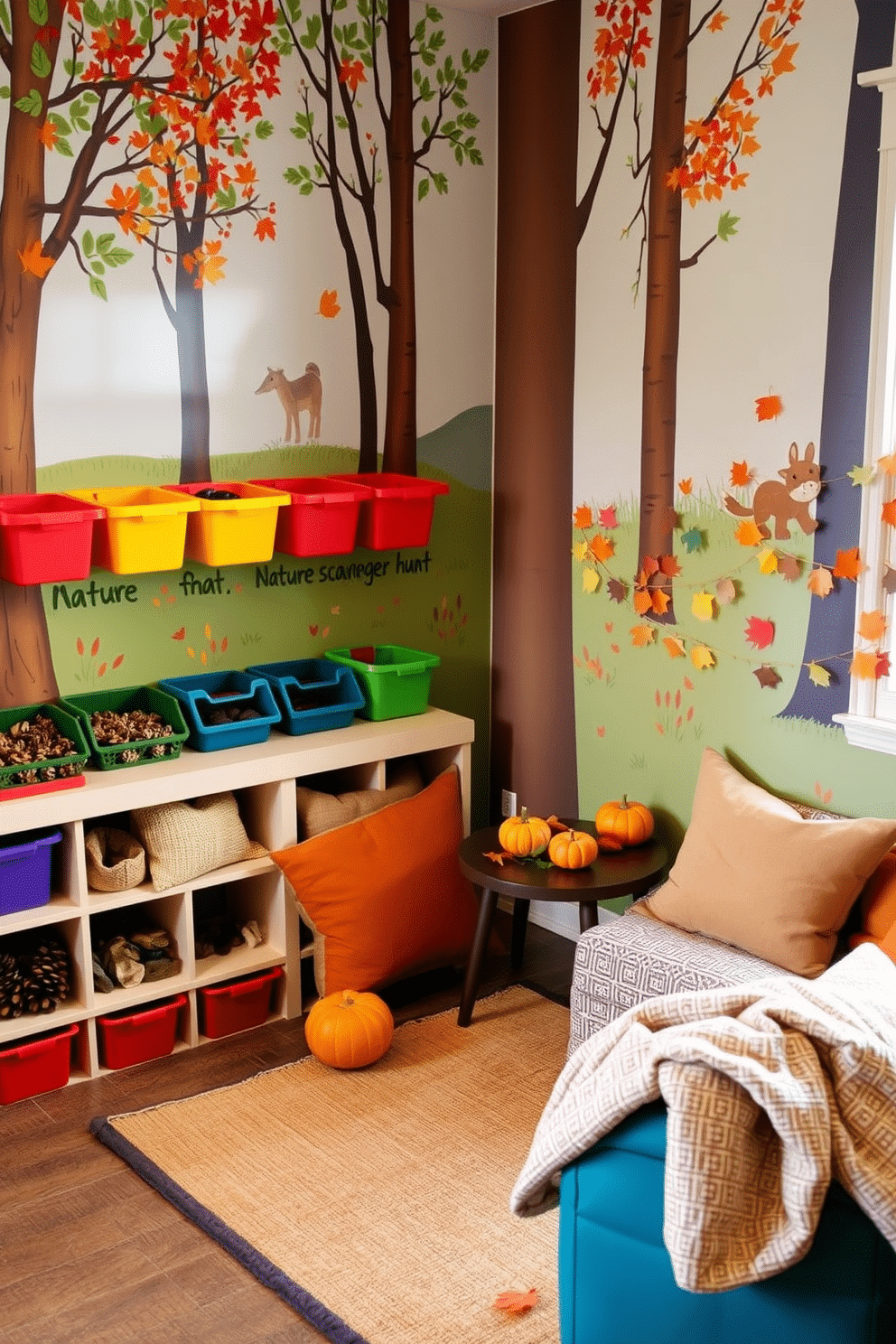 A nature scavenger hunt area in the playroom features a vibrant mural of trees and wildlife on one wall. Colorful bins filled with natural items like pinecones and leaves are arranged on low shelves for easy access. Fall playroom decorating ideas include warm-toned cushions and throws scattered across a cozy reading nook. A small table is adorned with seasonal decorations like mini pumpkins and autumn leaves, creating an inviting atmosphere.