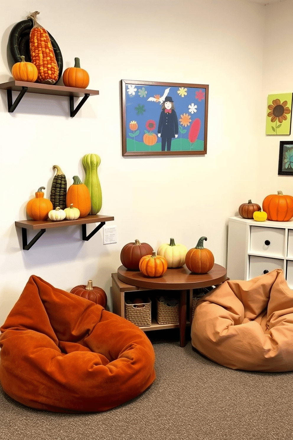 A playful fall-themed playroom features decorative corn and colorful gourds artfully arranged on shelves and tables. The walls are adorned with cheerful autumn-themed artwork, and cozy seating areas are created with soft, cushioned bean bags in warm earth tones.