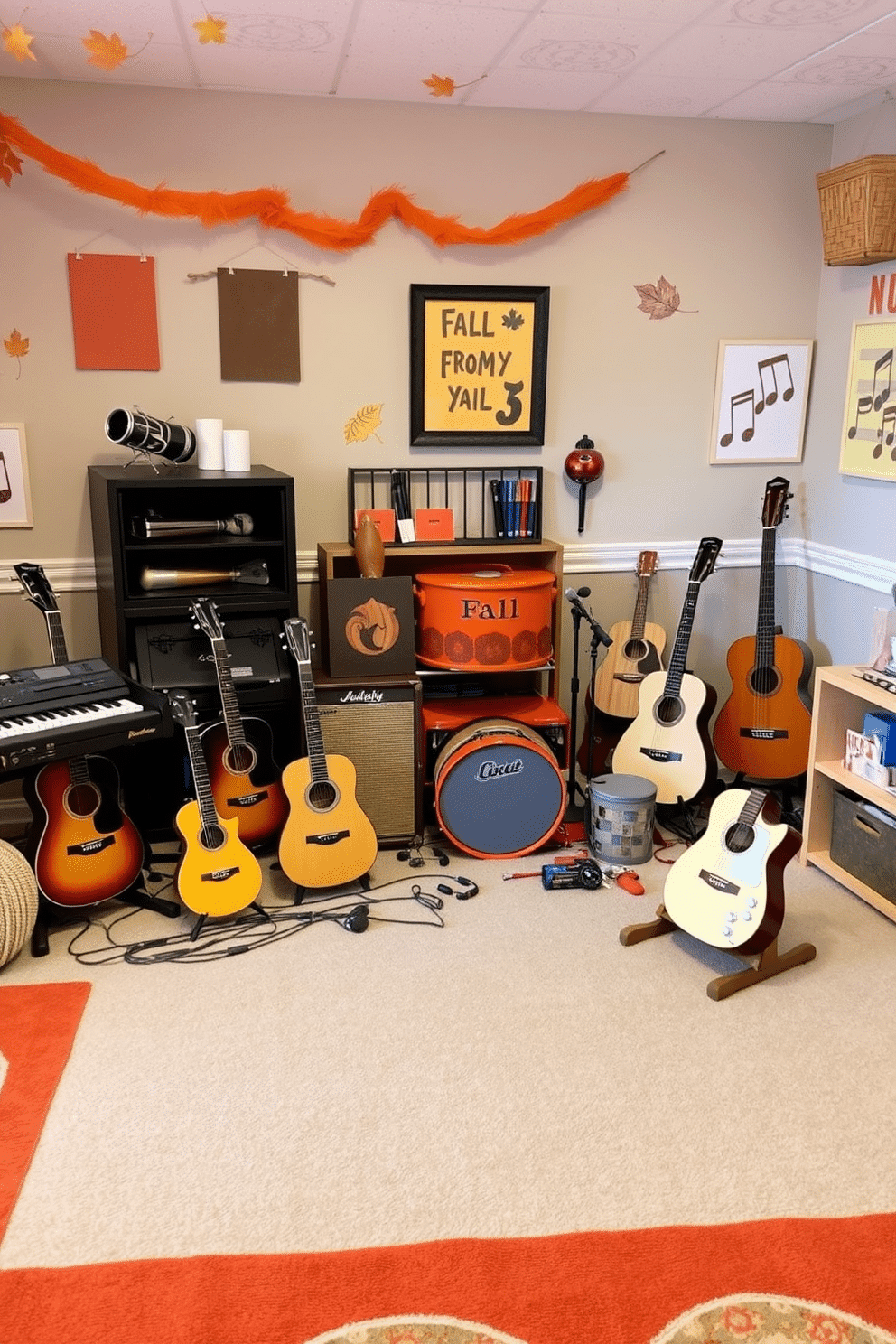 A cozy seasonal music corner featuring an array of musical instruments. The space is adorned with warm autumn colors, including orange and brown accents, creating a welcoming atmosphere. The playroom is designed with playful decor that inspires creativity and fun. Soft rugs in earthy tones cover the floor, while wall art showcases vibrant fall themes and musical notes.