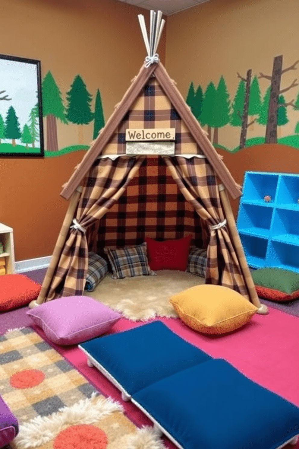 A charming play tent styled as a cozy cabin sits in the center of a vibrant playroom. The tent is adorned with soft plaid fabric and features a small wooden sign that reads 