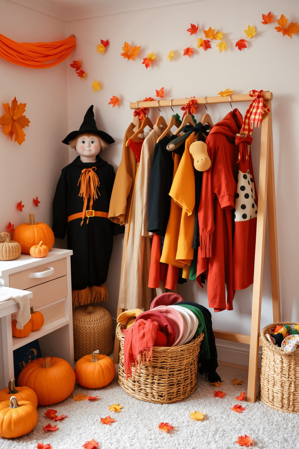 A cozy playroom adorned with fall-themed decorations. Soft orange and yellow accents create a warm atmosphere, with plush pumpkins and leaves scattered around the room. Children's dress-up clothes hang on a wooden rack, featuring vibrant costumes of scarecrows, witches, and animals. Accessories like floppy hats and colorful scarves are neatly arranged in a woven basket, inviting imaginative play.