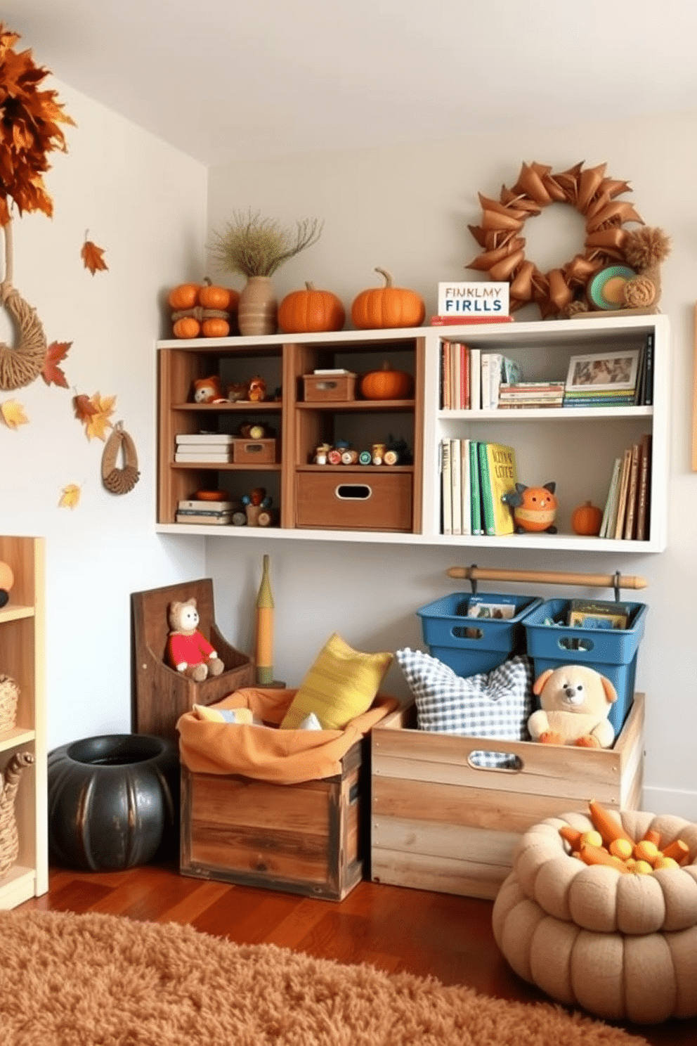 A cozy fall playroom featuring rustic wooden storage bins and shelves filled with colorful toys and books. The walls are adorned with warm autumn-themed decor, and a plush area rug in earthy tones covers the wooden floor.