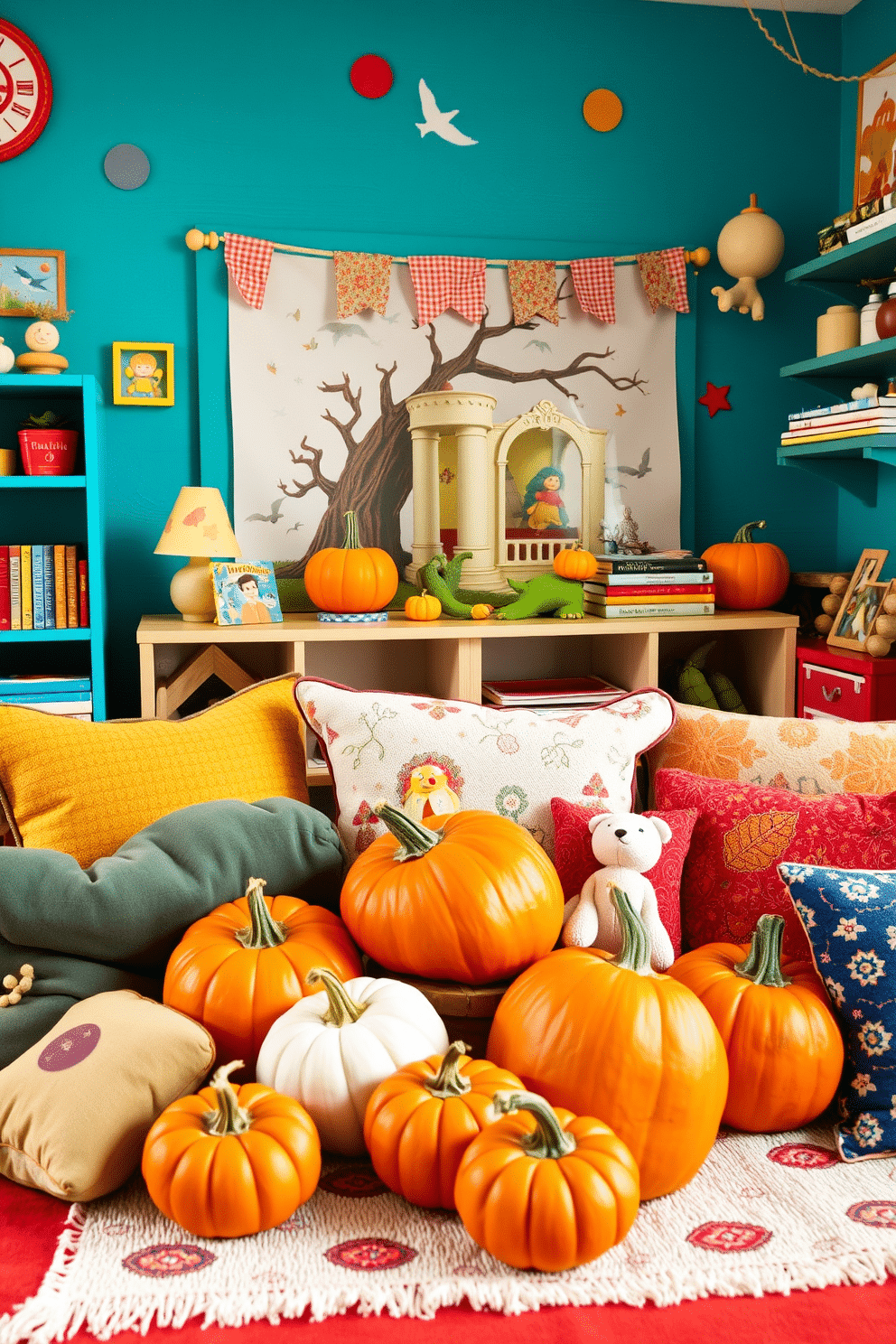 A whimsical playroom filled with vibrant colors and playful decor. A seasonal storybook display features an assortment of pumpkins in various sizes, nestled among cozy cushions and plush toys.