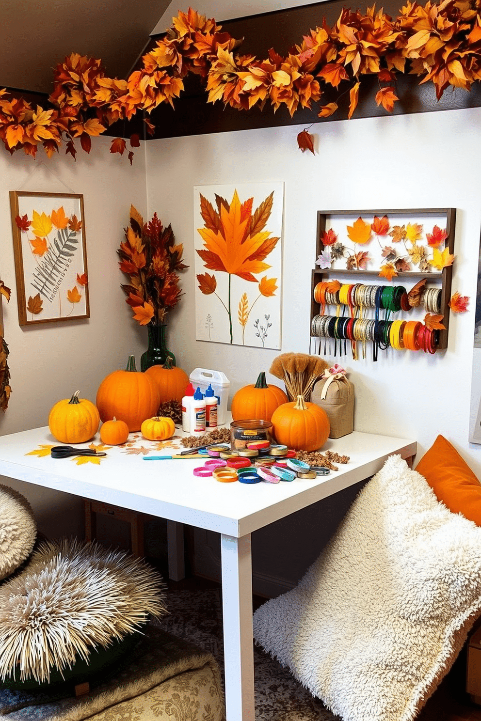 A cozy craft station filled with fall-themed supplies. The table is adorned with pumpkins, colorful leaves, and an array of craft materials like ribbons and glue. The walls are decorated with autumn-inspired artwork and garlands made of dried leaves. A comfortable seating area with plush cushions invites creativity and relaxation.