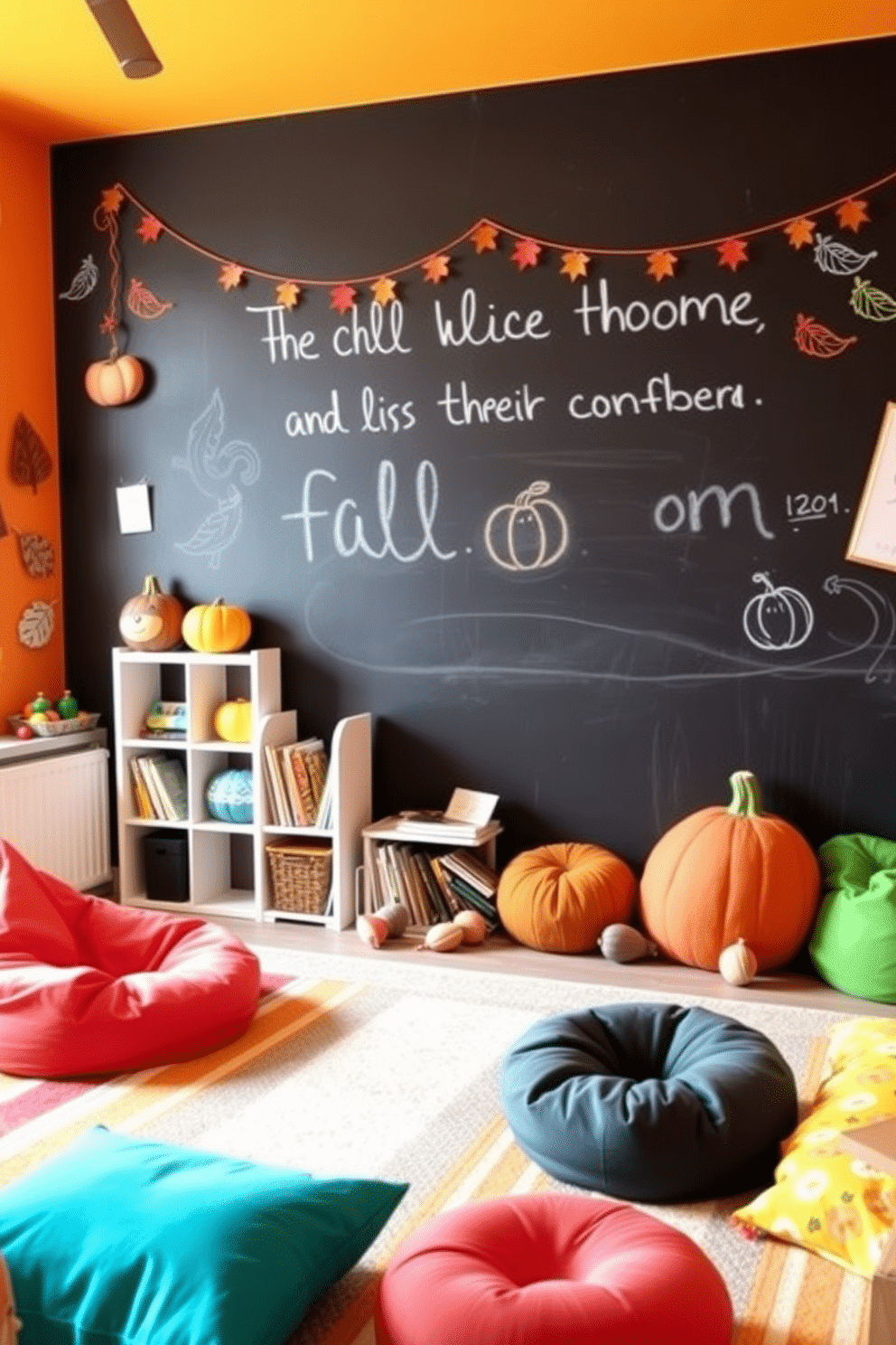 A vibrant playroom features a large chalkboard wall that invites children to unleash their creativity. The walls are painted in warm autumn colors, and playful decor items like pumpkins and leaves add a seasonal touch. The space is filled with comfortable seating options, including bean bags and colorful floor cushions. A cozy reading nook with a small bookshelf encourages kids to explore their imagination through stories.