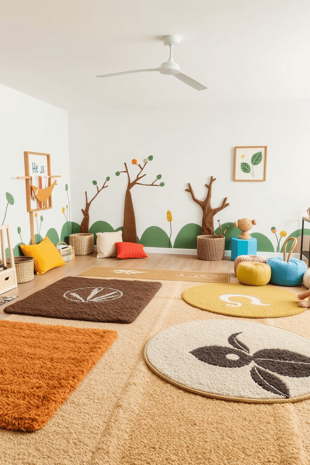 A nature-inspired playroom features soft, organic play mats and rugs that mimic the colors and textures of the outdoors. The space is filled with earthy tones and whimsical patterns, creating a cozy environment for children to explore and play. Incorporate elements like tree and leaf motifs in the rugs to enhance the natural theme. Brightly colored cushions and playful wall art add a touch of fun while maintaining the serene atmosphere of the room.