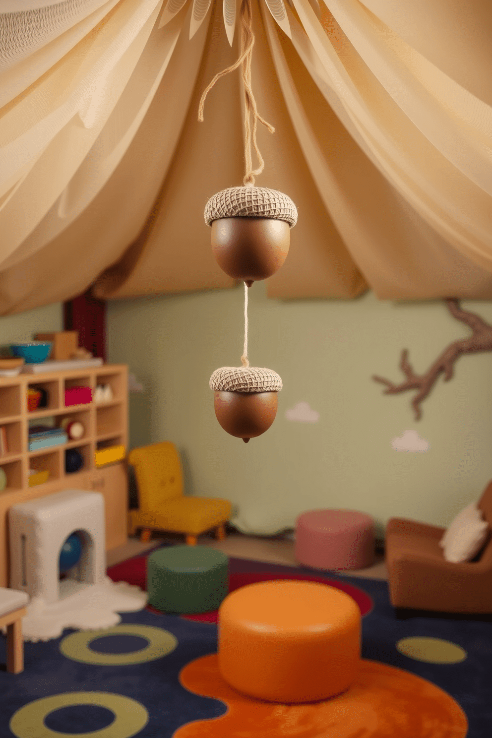 A whimsical play area featuring a hanging acorn mobile gracefully suspended from the ceiling. The space is filled with soft, colorful rugs and playful furniture, creating a cozy and inviting atmosphere for children to explore.