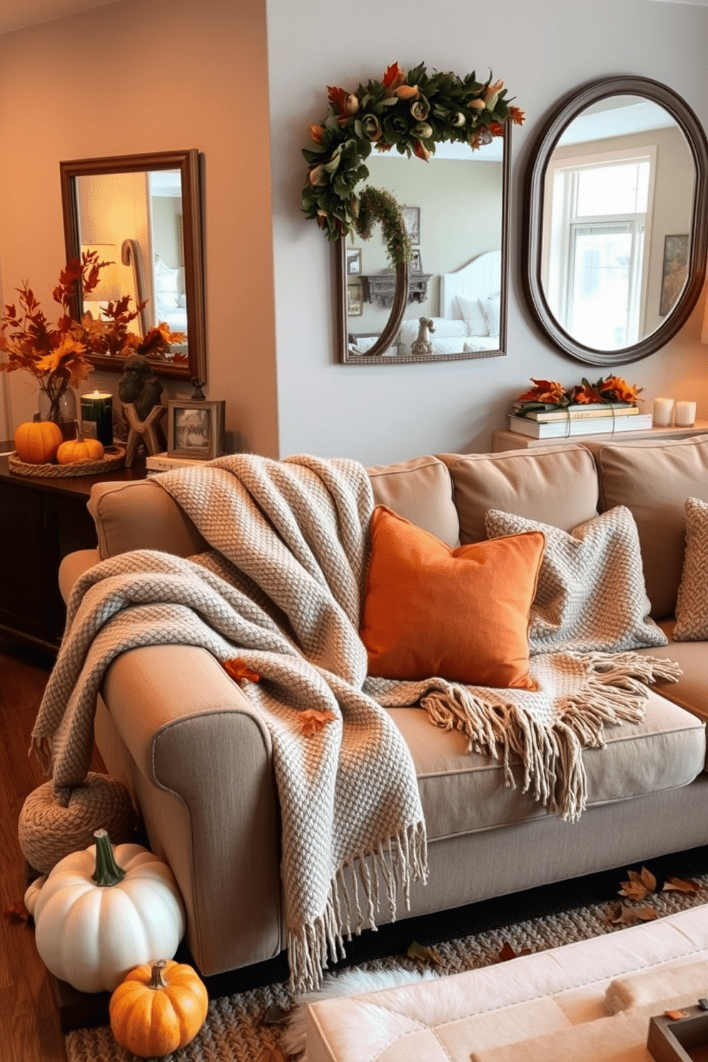 Cozy throw blankets drape over a plush sofa in a warm living room setting. The space is adorned with autumn-themed decor, featuring pumpkins and colorful leaves scattered throughout. Small space decorating ideas include strategically placed mirrors to create an illusion of depth and light. A combination of multi-functional furniture and clever storage solutions maximizes the use of every square foot.