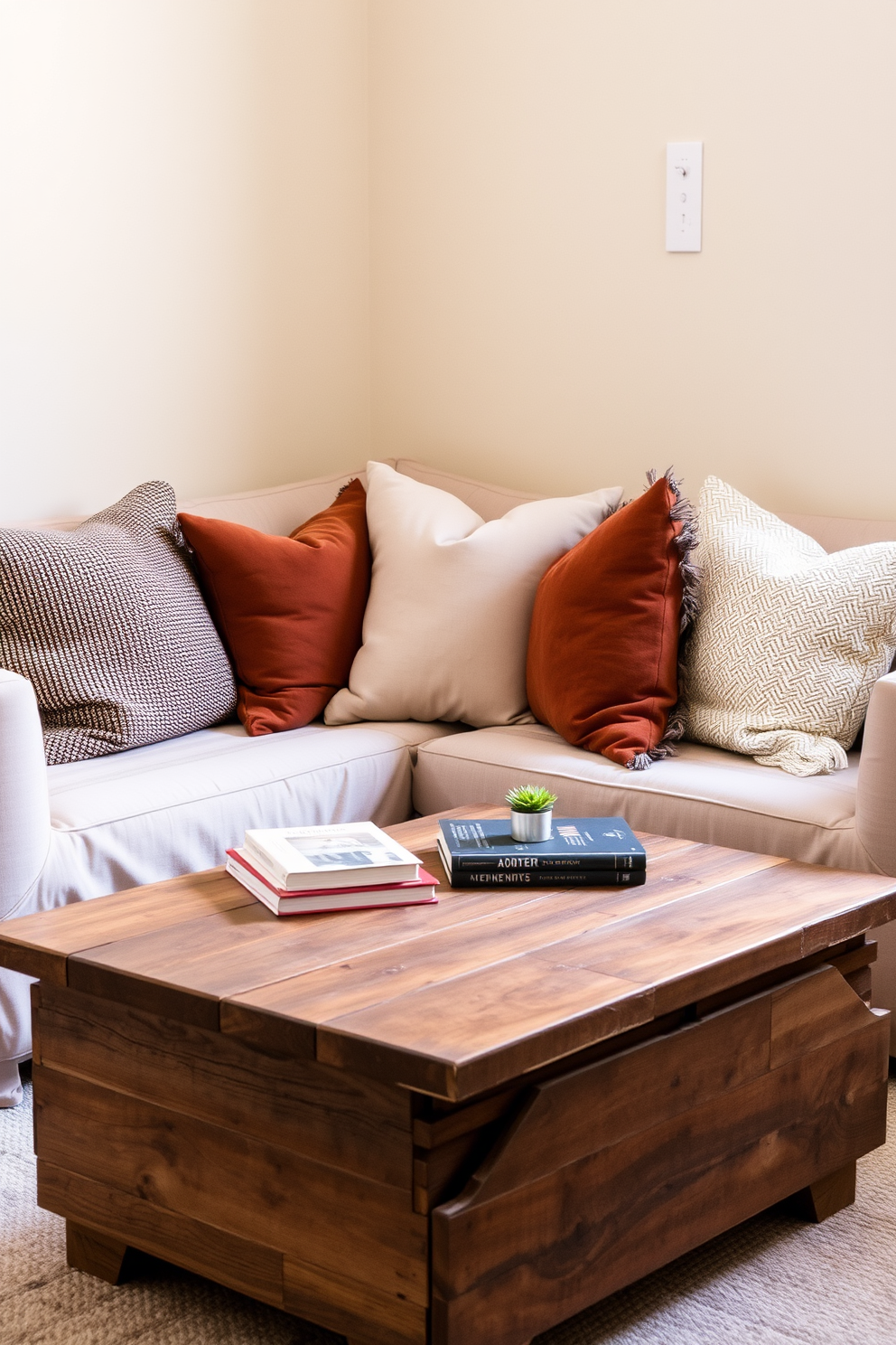 Soft cushions in earthy colors are arranged on a cozy sofa, creating a warm and inviting atmosphere. The cushions feature various textures and patterns, enhancing the overall aesthetic of the small space. A rustic coffee table made of reclaimed wood sits in front of the sofa, adorned with a few carefully selected books and a small potted plant. The walls are painted in a soft beige, complementing the earthy tones and making the space feel larger and more open.