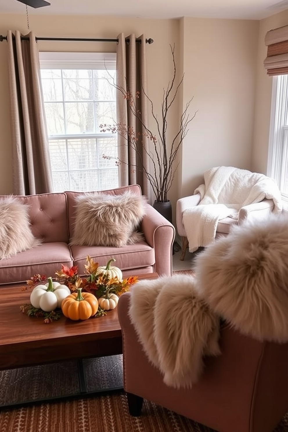 A cozy living room featuring a plush sofa adorned with faux fur throw pillows. The space is enhanced by a warm color palette of autumn hues, with decorative pumpkins and seasonal foliage arranged on a coffee table. A stylish reading nook with a faux fur accent chair positioned near a window. Soft blankets drape over the armrest, creating an inviting atmosphere perfect for enjoying a good book during the fall season.