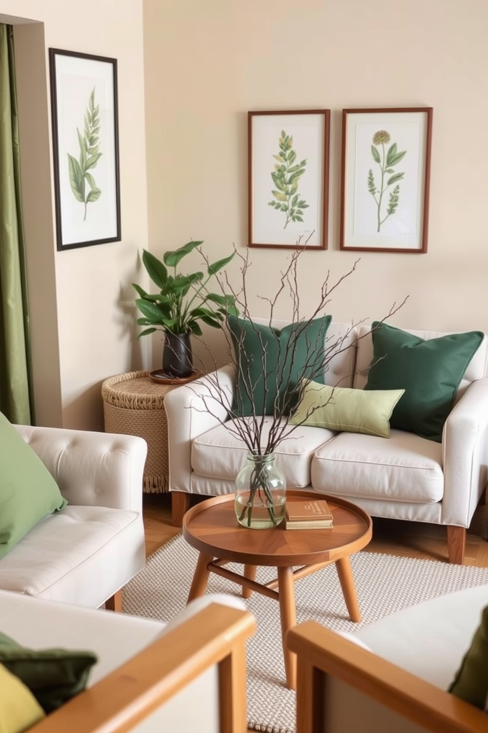 A cozy living room with natural elements like branches and leaves incorporated into the decor. Soft green accents and wooden furniture create a warm atmosphere while maximizing the use of space. The walls are adorned with framed botanical prints that bring the outdoors inside. A small coffee table features a vase filled with fresh branches, adding a touch of nature to the compact setting.