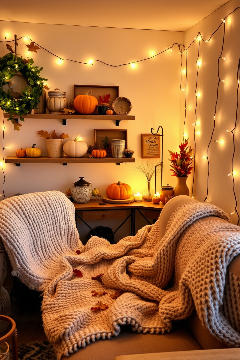 Create a cozy small space decorated for fall. String lights are draped along the walls, casting a warm and inviting glow throughout the room. Autumn-themed decor accents the space with pumpkins and leaves scattered on shelves and tables. Soft, textured blankets are artfully arranged on a plush sofa, enhancing the seasonal ambiance.