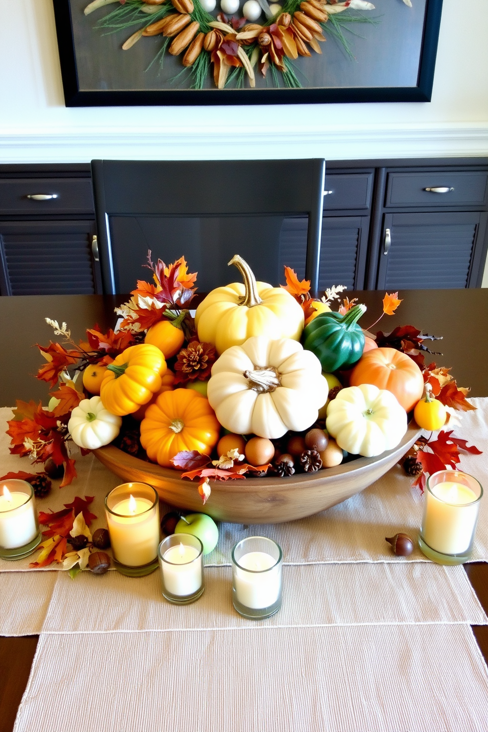 A harvest-themed table centerpiece features an assortment of seasonal fruits and vegetables such as pumpkins, gourds, and apples arranged in a rustic wooden bowl. Surrounding the centerpiece are small candles in varying heights to add warmth and ambiance to the table setting. Incorporate elements like autumn leaves and acorns to enhance the seasonal feel of the decor. Use a neutral table runner to provide a contrasting backdrop that highlights the vibrant colors of fall.