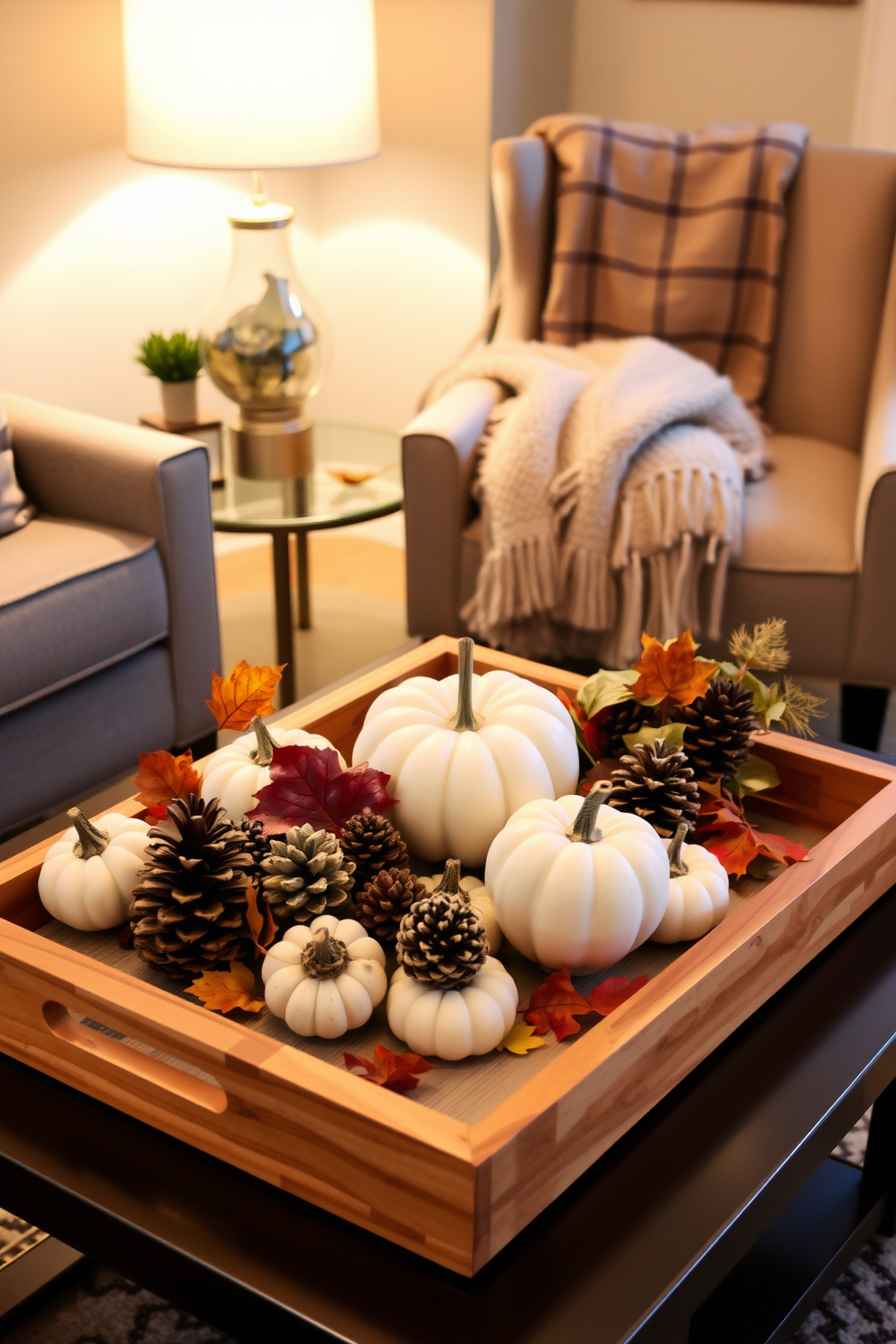 Decorative trays are arranged on a coffee table, showcasing an array of seasonal items like small pumpkins, pinecones, and colorful leaves. The tray is made of natural wood, adding warmth to the cozy atmosphere of the small space. A plush throw blanket is draped over the arm of a stylish chair nearby, complementing the fall theme. Soft, ambient lighting from a nearby lamp enhances the inviting feel of the room, making it perfect for autumn gatherings.