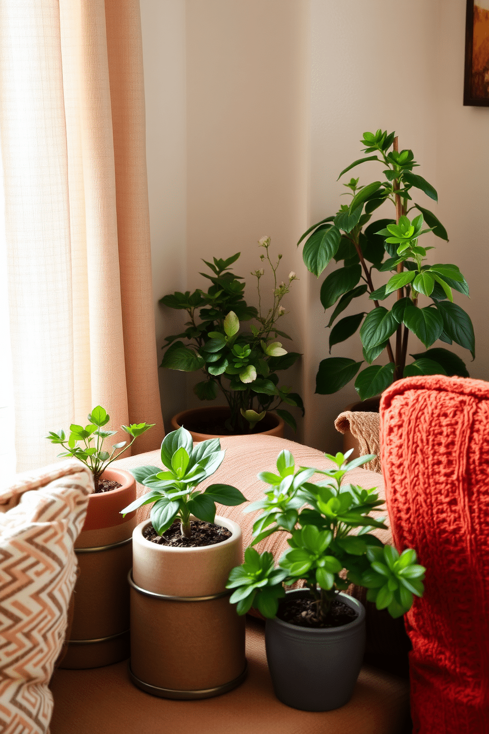 A cozy living room corner featuring small potted plants that bring a touch of freshness to the space. The decor is inspired by fall, with warm colors and textures that create a welcoming atmosphere. A compact arrangement of furniture allows for easy movement while showcasing the beauty of the plants. Soft throw pillows in autumn hues complement the earthy tones of the potted greenery.