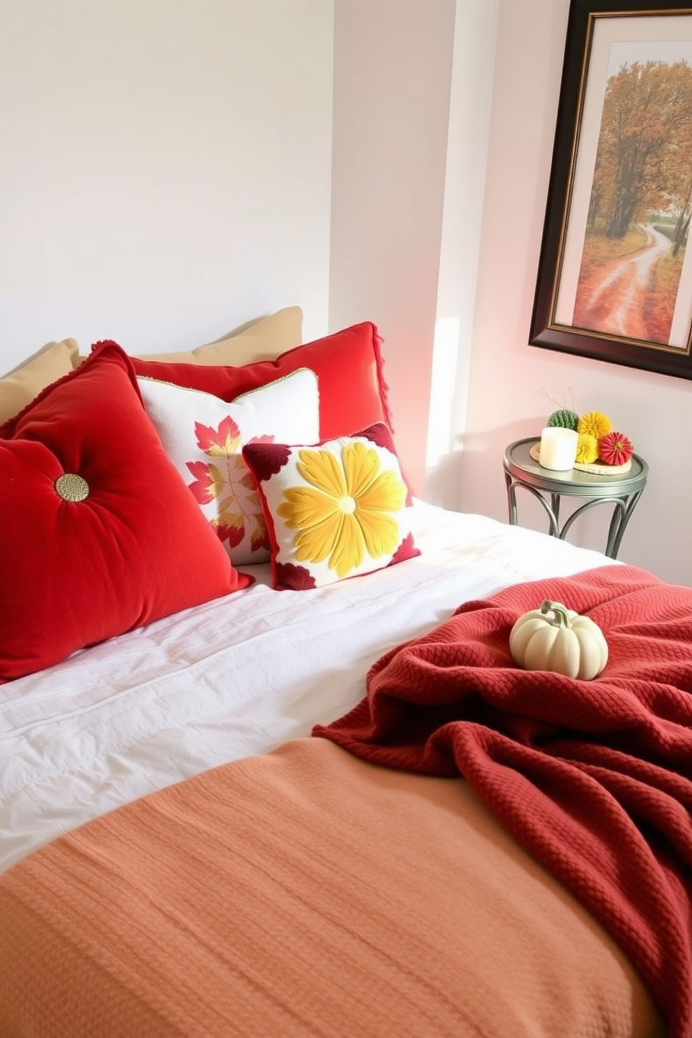 Colorful fall pillows are arranged on a plush bed, featuring rich hues of orange, red, and yellow that evoke the warmth of autumn. The bedding is layered with soft blankets, creating a cozy and inviting atmosphere perfect for a small space. In the corner of the room, a small decorative table holds a few seasonal decorations, like mini pumpkins and candles. The walls are adorned with framed artwork that reflects the beauty of fall, enhancing the overall charm of the space.