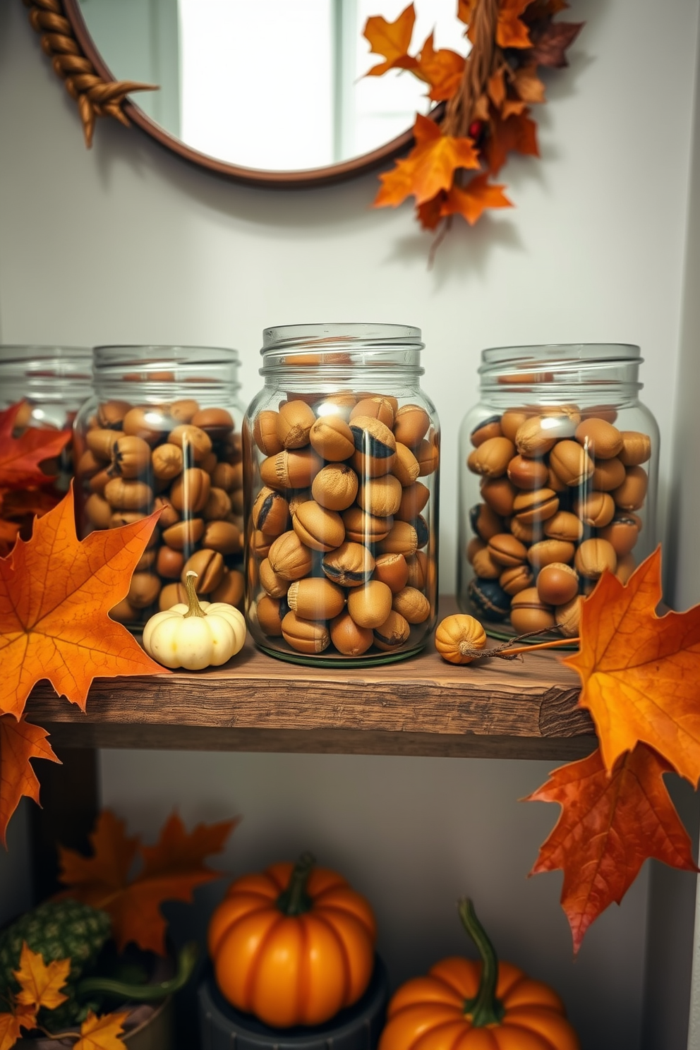 A cozy fall-themed small space decorated with glass jars filled with acorns. The jars are arranged on a rustic wooden shelf, complemented by warm-toned autumn leaves and small pumpkins scattered around.