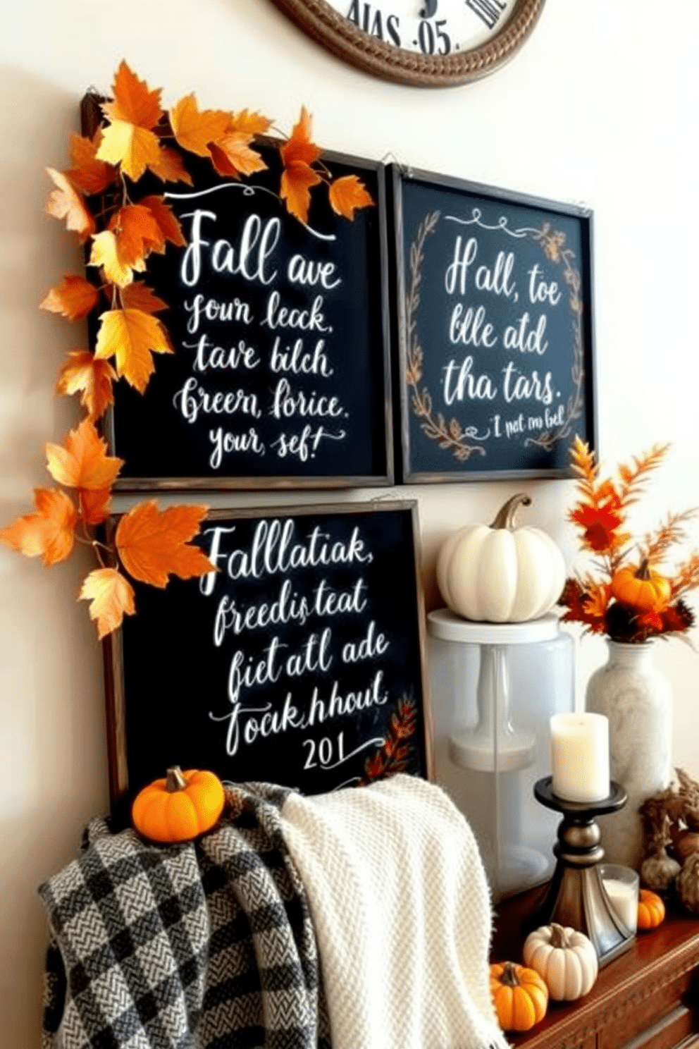 Chalkboard signs with fall quotes create a warm and inviting atmosphere. The signs feature handwritten messages surrounded by seasonal decorations like leaves and pumpkins. For small space decorating ideas in the fall, consider using layered textiles in rich autumn colors. Incorporate decorative elements like small gourds and candles to enhance the cozy feel.