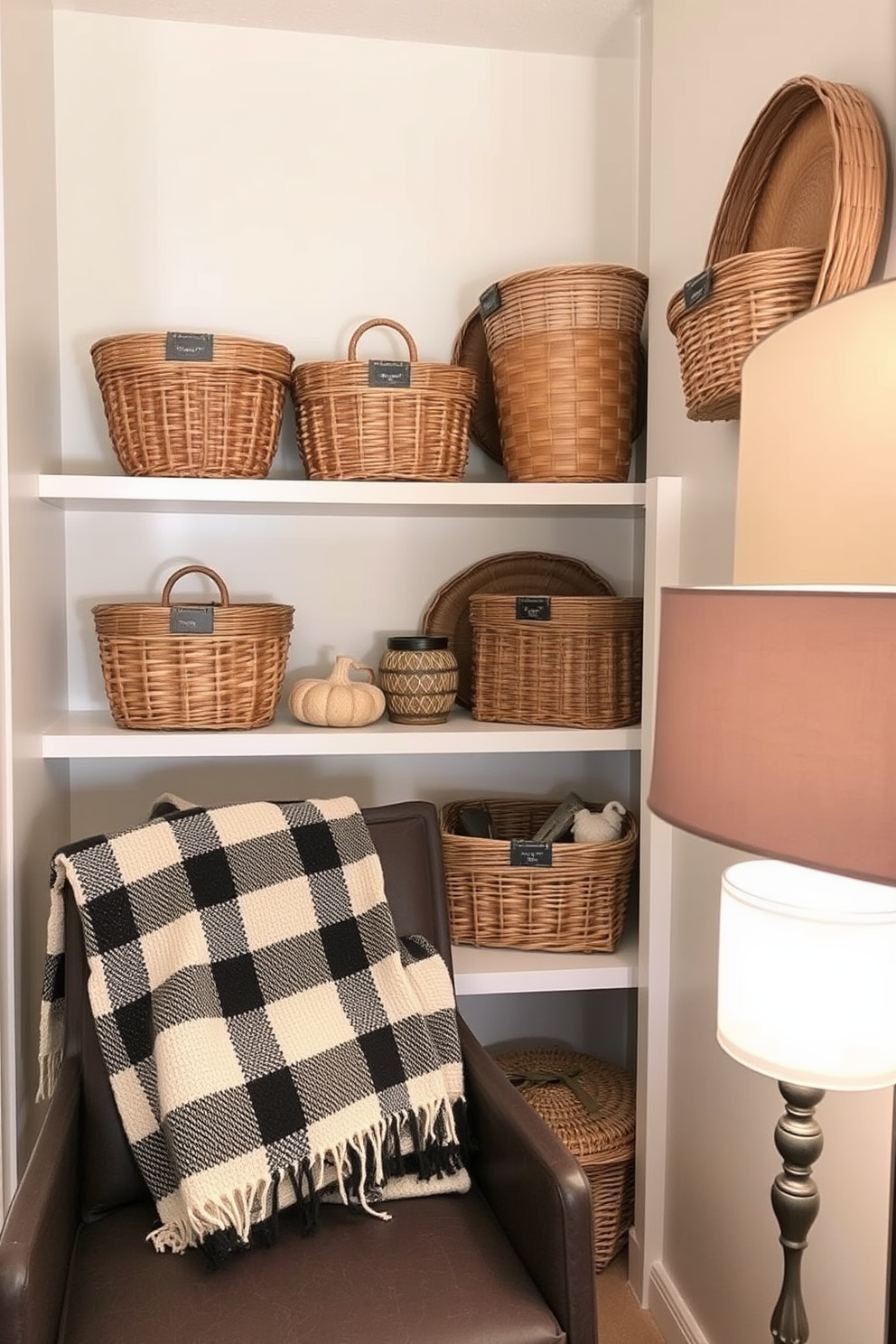 Decorative baskets are arranged on open shelves, adding texture and warmth to the small space. The baskets vary in size and color, creating an inviting and organized look while providing practical storage solutions. A cozy throw blanket is draped over a chair, complementing the seasonal fall decor. Soft lighting from a nearby lamp enhances the autumn ambiance, making the small area feel both stylish and functional.