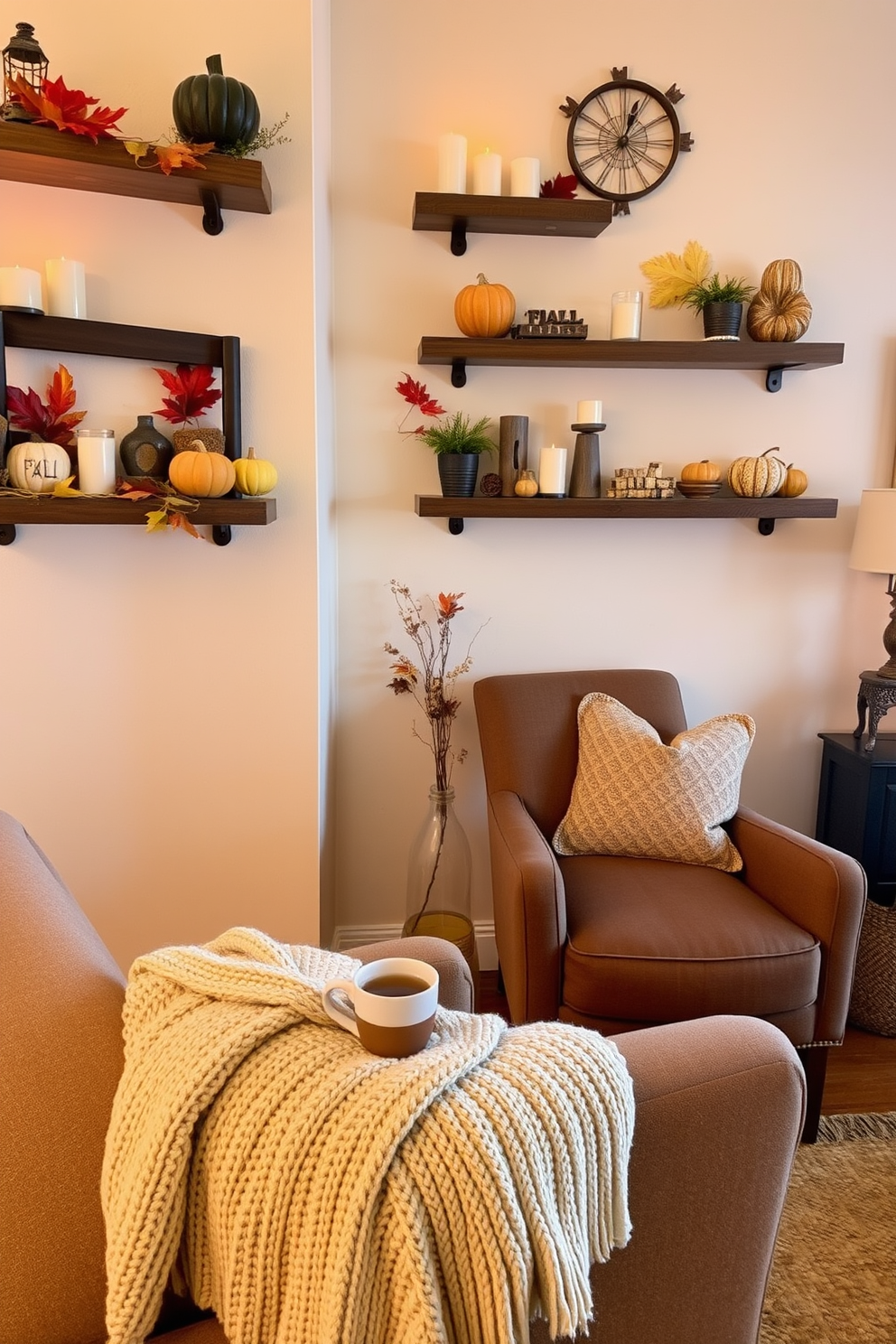 A cozy living room featuring wall-mounted shelves decorated with fall-themed accents. The shelves are adorned with pumpkins, colorful leaves, and candles, creating a warm and inviting atmosphere. In the corner, a small space is utilized with a stylish armchair and a knitted throw blanket. A small side table holds a cup of hot cider, enhancing the seasonal charm of the space.