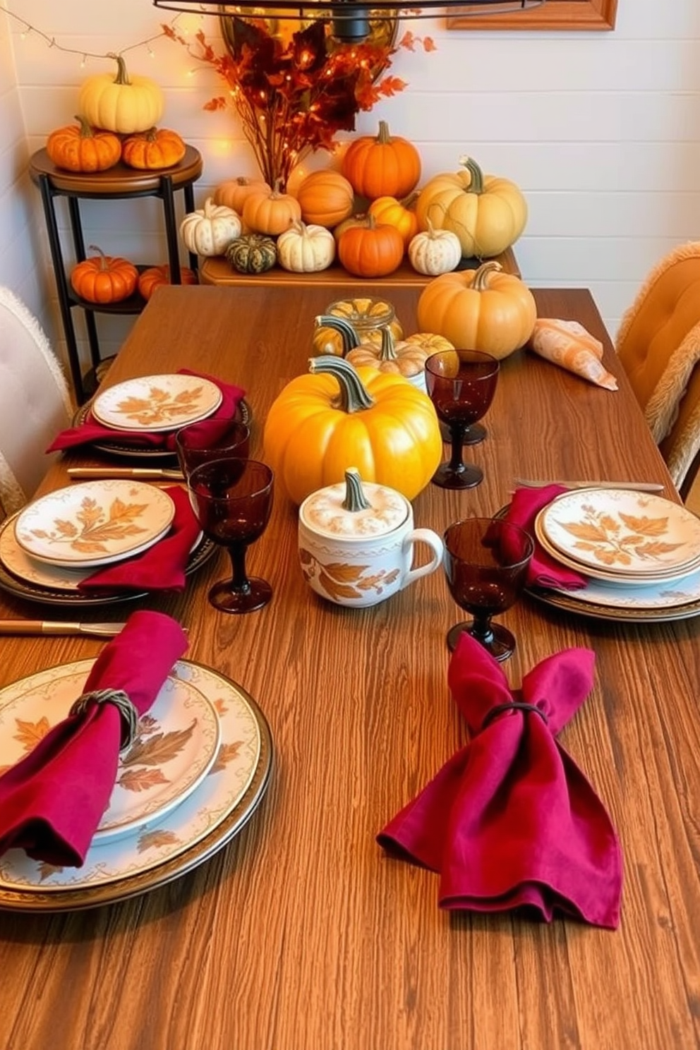 Autumn-themed dishware for dining featuring warm earthy tones and intricate leaf patterns. The table is elegantly set with plates, bowls, and mugs adorned with seasonal motifs, complemented by soft linen napkins in rich burgundy. Fall small space decorating ideas that create a cozy atmosphere using decorative pumpkins and warm blankets. The space is enhanced with golden accents and fairy lights, providing a welcoming glow for intimate gatherings.