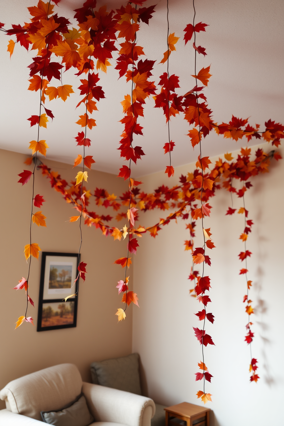 A cozy living area adorned with hanging garlands made of vibrant fall leaves. The garlands drape gracefully from the ceiling, adding warmth and color to the small space. A comfortable seating arrangement features a plush armchair and a small side table. The walls are painted in a soft beige, complementing the rich hues of the autumn foliage.