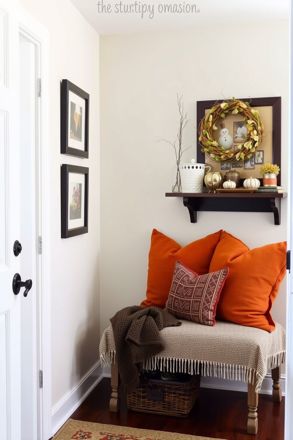 A small entryway features a cozy bench adorned with soft cushions in warm autumn colors. The walls are decorated with framed artwork and a small shelf holds seasonal decorations, creating an inviting atmosphere.