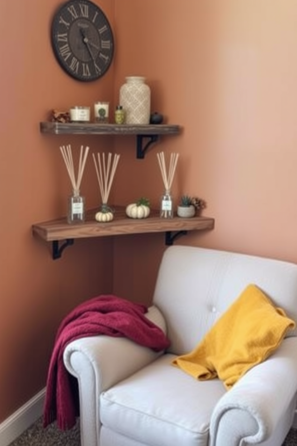 A cozy corner in a small living room featuring seasonal fragrance diffusers that evoke the essence of fall. The diffusers are elegantly arranged on a rustic wooden shelf alongside a collection of autumn-themed decorative items like small pumpkins and colorful leaves. The walls are painted in warm earth tones to enhance the inviting atmosphere. Soft throw blankets in rich burgundy and mustard yellow are draped over a plush armchair, creating a perfect spot to enjoy the comforting scents of the season.