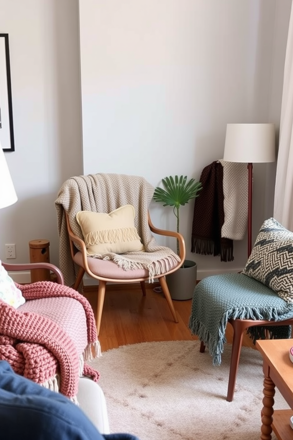 A cozy living area featuring textured throws draped over modern chairs adds warmth and style. The space is thoughtfully arranged to maximize functionality while maintaining an inviting atmosphere. Incorporate a mix of colors and patterns in the throws to create visual interest. Utilize multi-functional furniture to enhance the small space while keeping it stylish and comfortable.