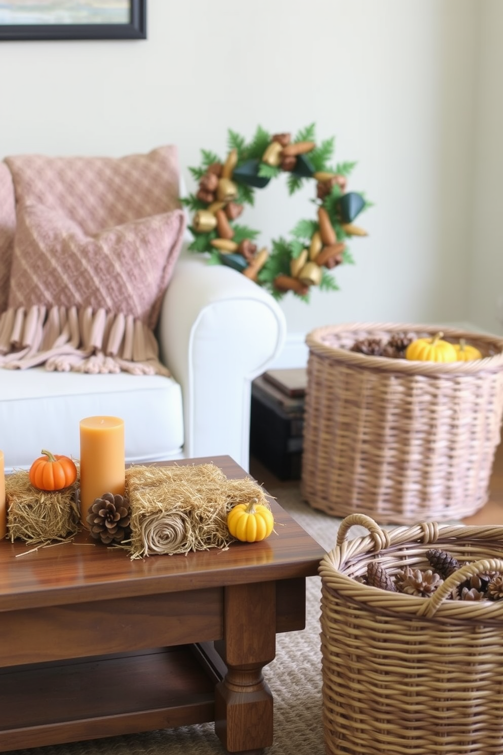 Miniature hay bales are arranged as charming accents in a cozy living room. They are placed next to a rustic wooden coffee table adorned with seasonal pumpkins and warm-toned candles. The space features a small sofa draped with a knitted throw blanket in autumn colors. A woven basket filled with pinecones sits in the corner, enhancing the fall theme.