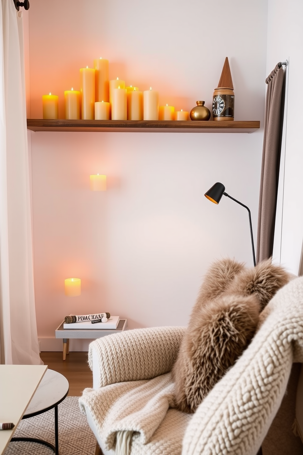 Warm-toned candles in various heights are arranged on a wooden shelf, creating a cozy and inviting atmosphere. The flickering light highlights the soft textures of the surrounding decor, enhancing the warmth of the space. In a small living area, a carefully curated selection of decorative items is placed on a minimalistic coffee table. Soft throw pillows and a plush blanket are draped over a stylish armchair, adding layers of comfort and charm.