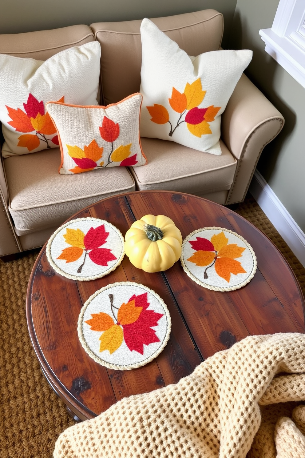 Colorful fall-themed coasters are arranged on a rustic wooden table. Each coaster features vibrant autumn leaves in shades of orange, red, and yellow, enhancing the seasonal ambiance. For small space decorating ideas, a cozy nook is created with a compact sofa adorned with plush throw pillows. A small round coffee table sits in front, topped with a decorative pumpkin and a warm knit blanket for added comfort.