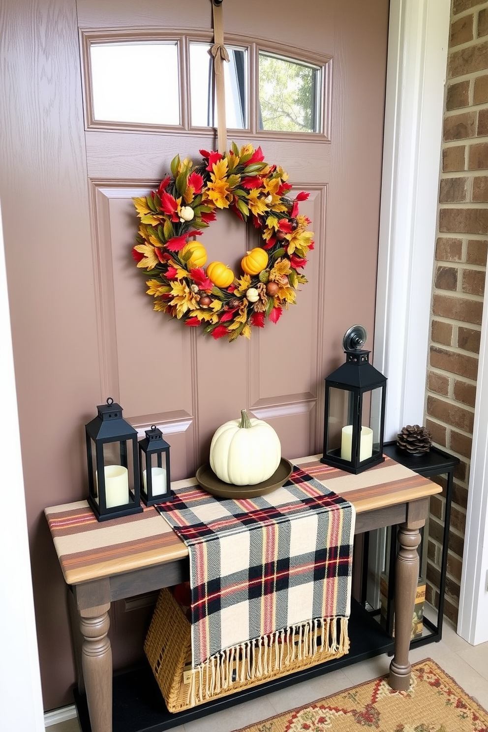 A seasonal wreath adorned with autumn leaves and mini pumpkins hangs on the front door, welcoming guests with a touch of fall charm. The entryway features a small console table topped with a cozy plaid runner, flanked by decorative lanterns and a few carefully placed seasonal accents.