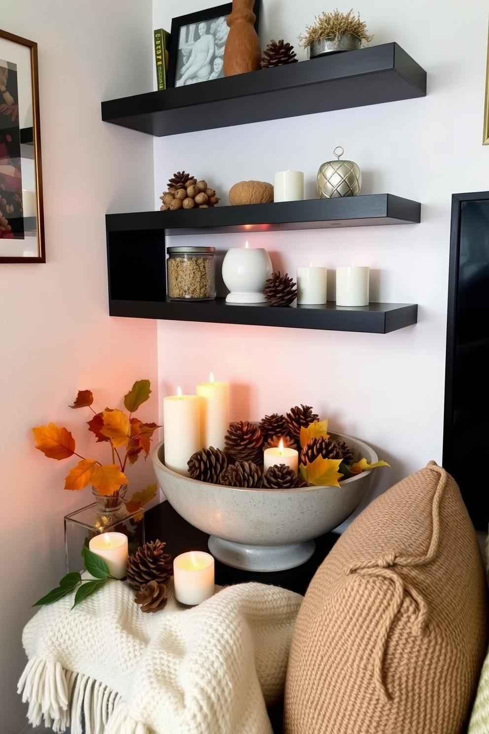 A cozy corner featuring a decorative bowl filled with pine cones brings a touch of nature indoors. Surround the bowl with small candles and seasonal foliage to enhance the autumn ambiance. In a compact living area, utilize vertical space with floating shelves to display the bowl and other autumn decor. Incorporate warm textiles like a soft throw and textured cushions to create an inviting atmosphere.