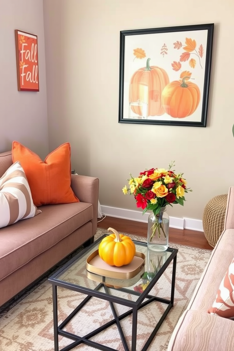 A cozy living room adorned with fall-themed wall art. The prints feature warm colors like orange, red, and yellow, depicting autumn leaves and pumpkins. Small space decorated with stylish fall accents. A compact coffee table is topped with a decorative pumpkin and a small vase of seasonal flowers.