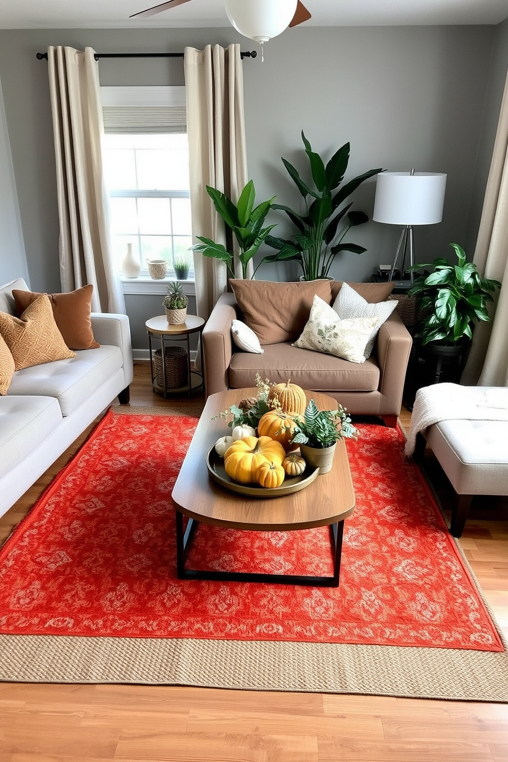 A cozy living room featuring layered rugs that add warmth and texture to the space. The first rug is a large neutral-colored base, topped with a smaller, vibrant patterned rug that creates visual interest. Incorporate fall decor elements like pumpkins and warm-toned throw pillows to enhance the seasonal feel. The small space is decorated with strategically placed plants and a compact coffee table to maximize functionality while maintaining style.