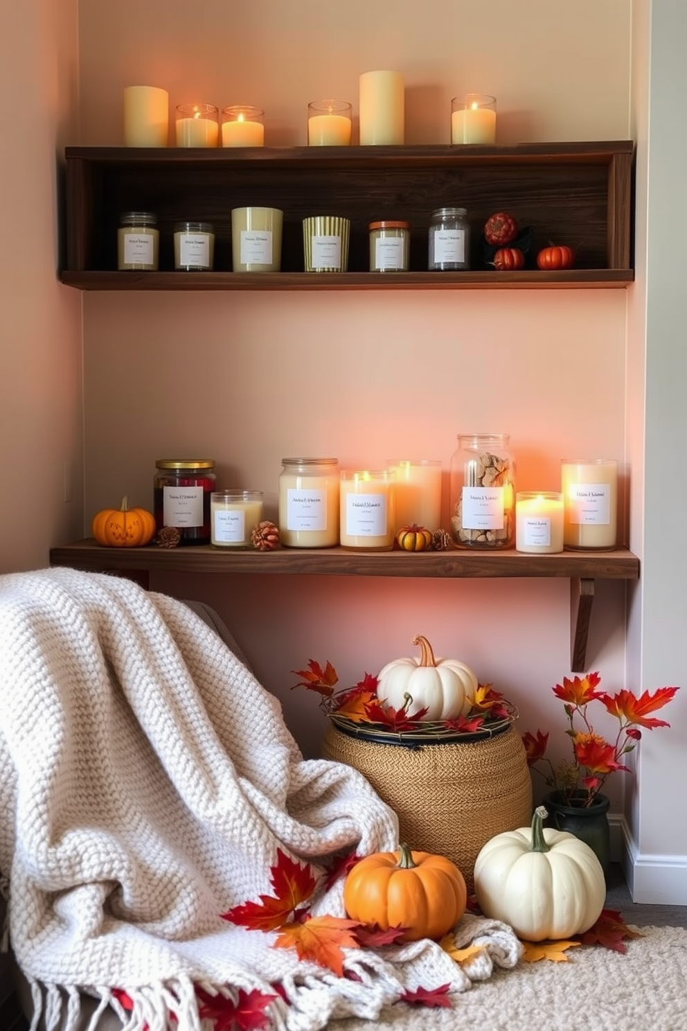 A cozy corner featuring a collection of autumn-scented candles arranged on a rustic wooden shelf. The warm glow of the candles creates an inviting atmosphere, complemented by soft, textured throw blankets draped over a nearby chair. Incorporate fall-themed decor elements such as small pumpkins and colorful leaves scattered around the space. Use a muted color palette of oranges, browns, and deep reds to enhance the seasonal vibe while maintaining a clean and uncluttered look.