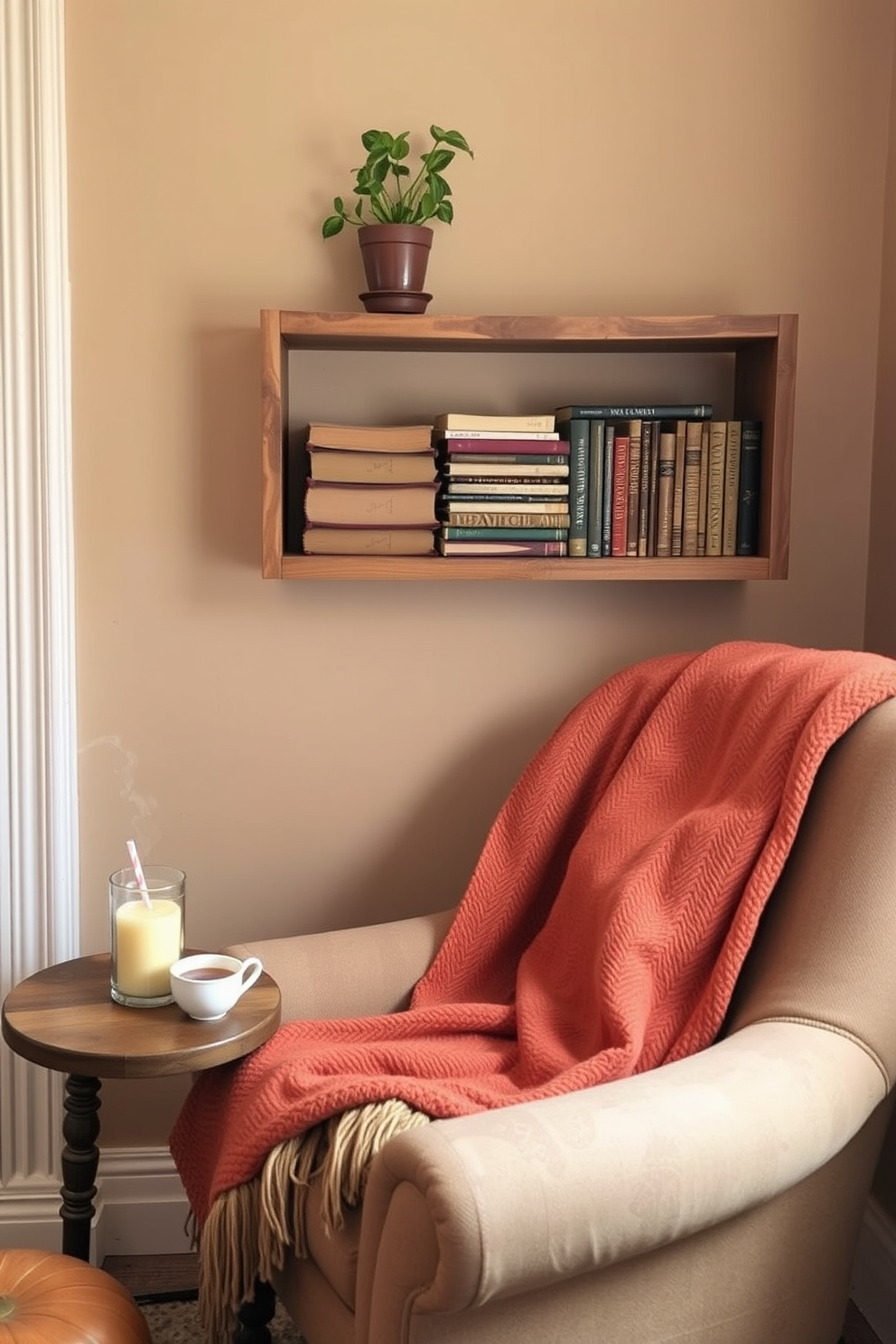 A cozy reading nook featuring vintage books stacked on a rustic wooden shelf. The decor includes a small potted plant and a warm throw blanket draped over a comfortable armchair. The walls are painted in soft earth tones, creating a warm and inviting atmosphere. A small side table holds a steaming cup of tea, enhancing the charm of this fall-inspired space.